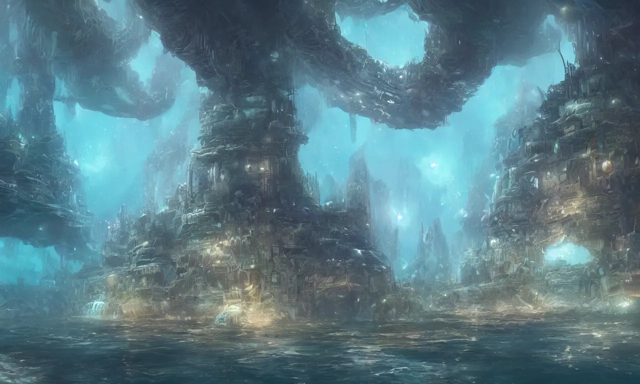 a beautiful underwater city, digital painting, matte, Stable