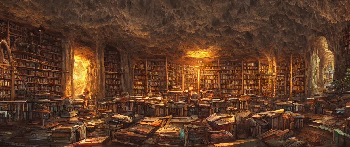 vast library in a cave with huge windows flanked by Stable Diffusion