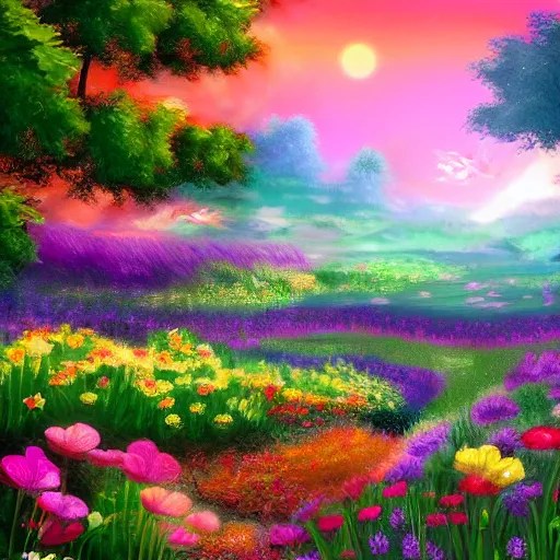 heaven meadow with colorful flowers and perlence Stable Diffusion