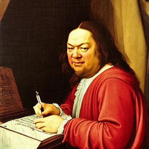a renaissance painting of bach, he is smiling at the Stable Diffusion