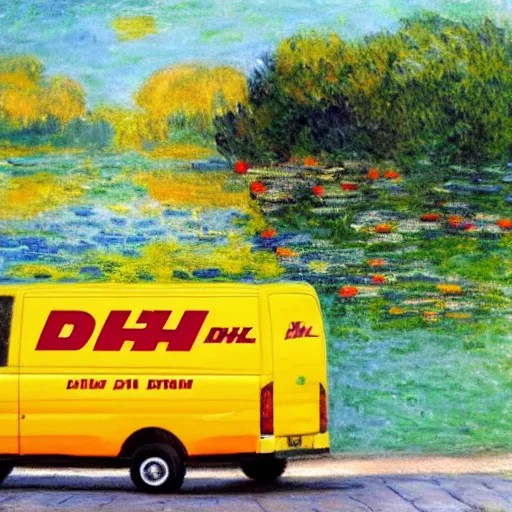 DHL yellow DHL van and the lake, with a man in orange Stable