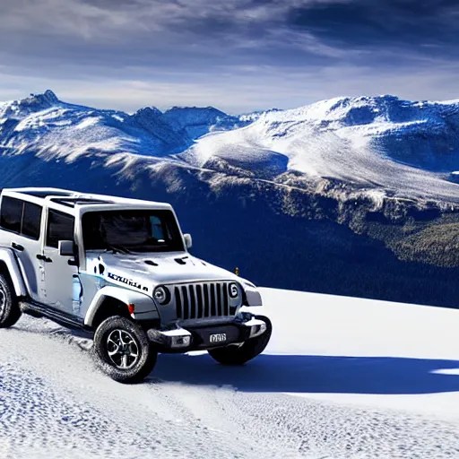 white jeep wrangler driving on top of snowy mountain Stable Diffusion