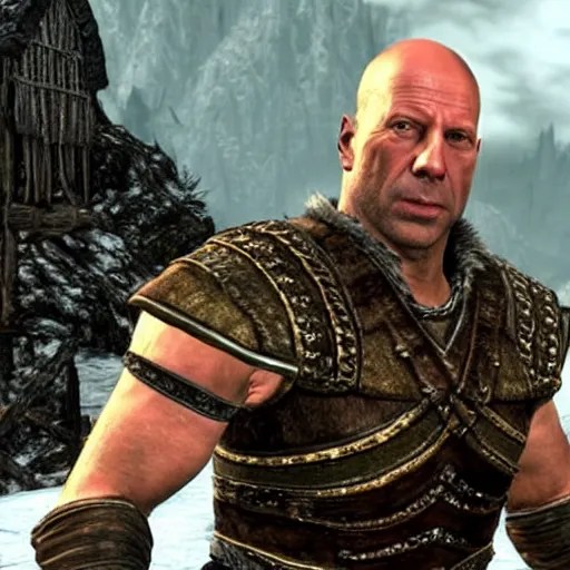 screenshot of Bruce Willis as a jarl in Skyrim Stable Diffusion OpenArt