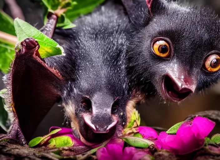 super macro of a fruit bat drinking from a flower in Stable Diffusion