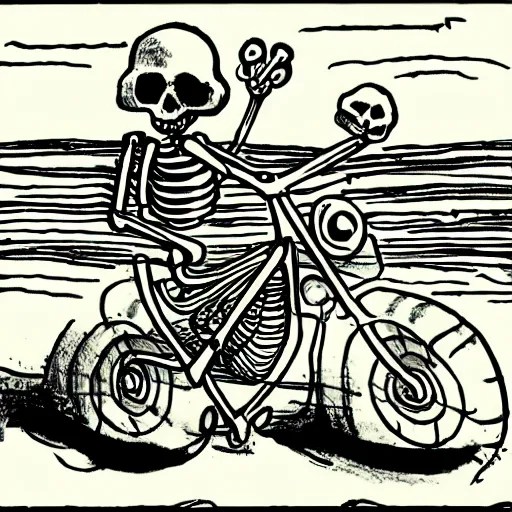 a skeleton driving a motor cycle on venus, cartoon, Stable Diffusion