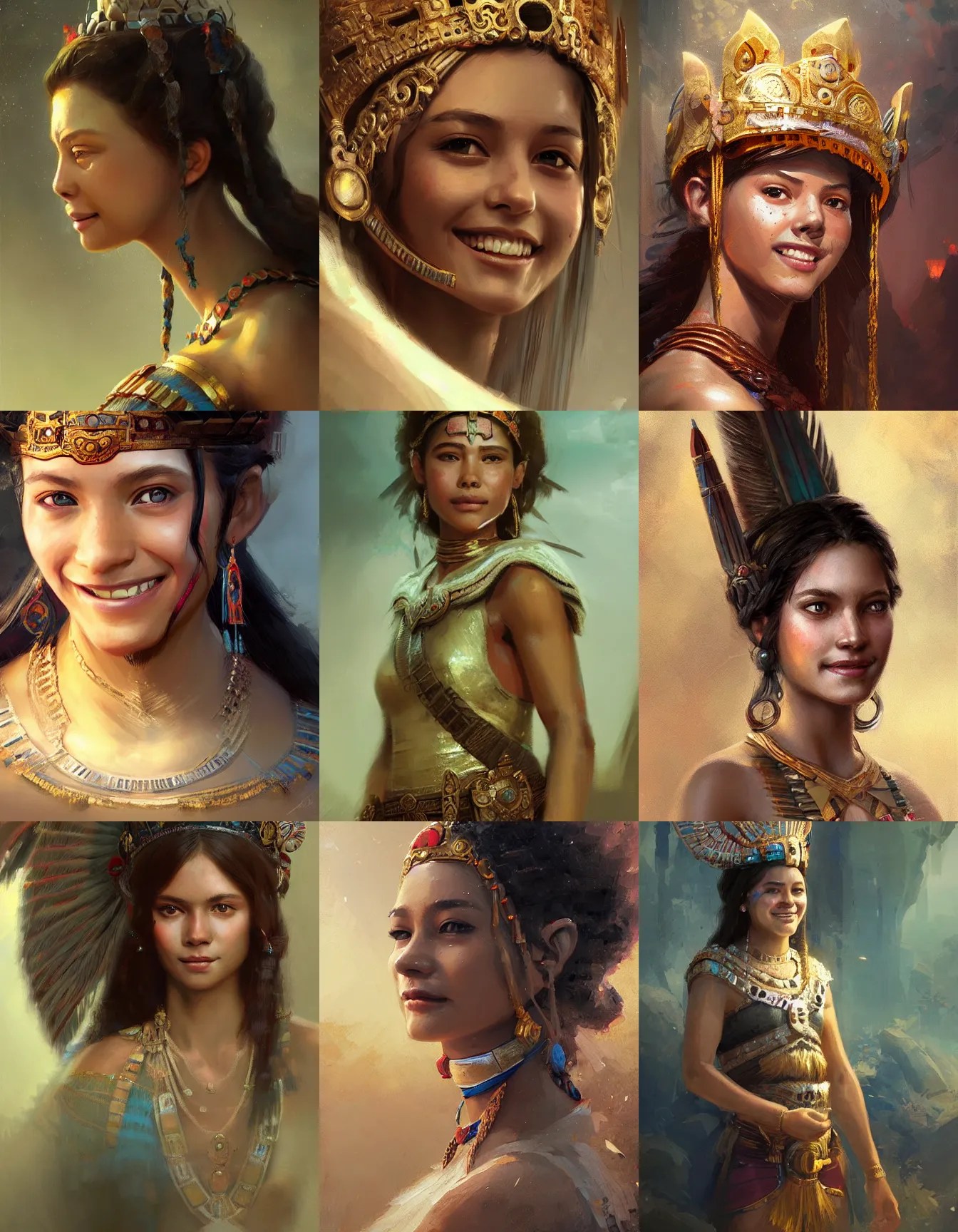 young female mayan queen, smiling, digital portrait by Stable