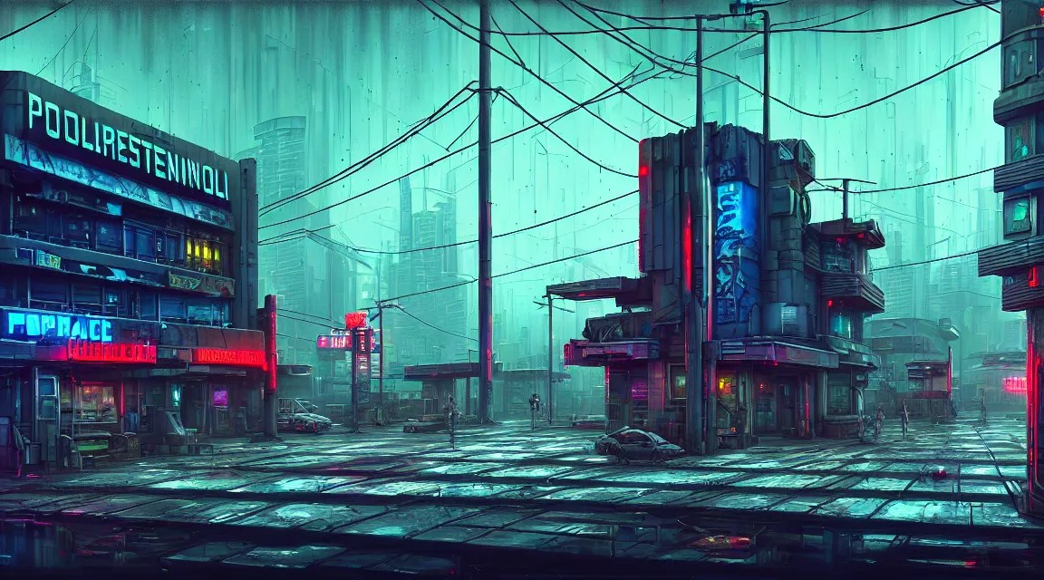 post apocalyptic cyberpunk police station, building, Stable Diffusion