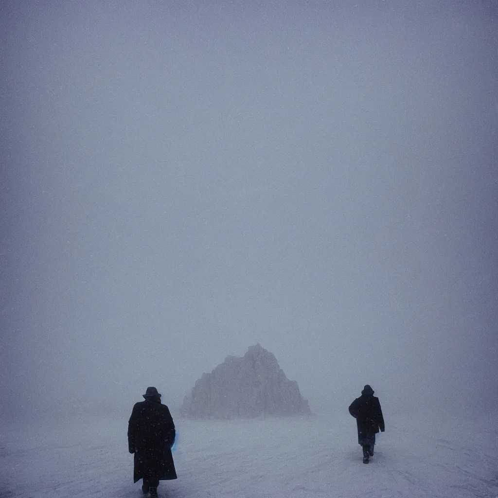 photo of shiprock, new mexico during a snowstorm. a Stable Diffusion