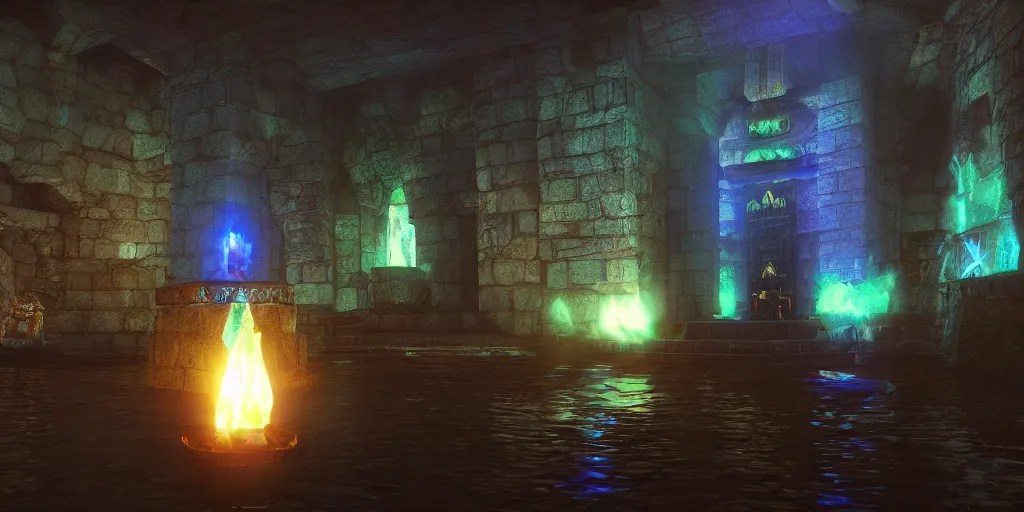 legend of zelda water temple, dimly lit, blue torches Stable Diffusion