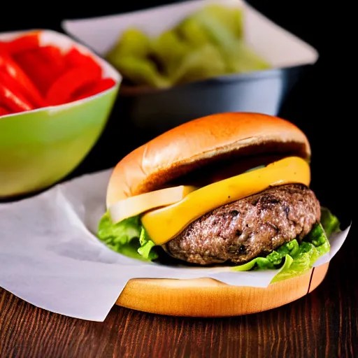 85mm food photograph of the perfect cheeseburger shot Stable