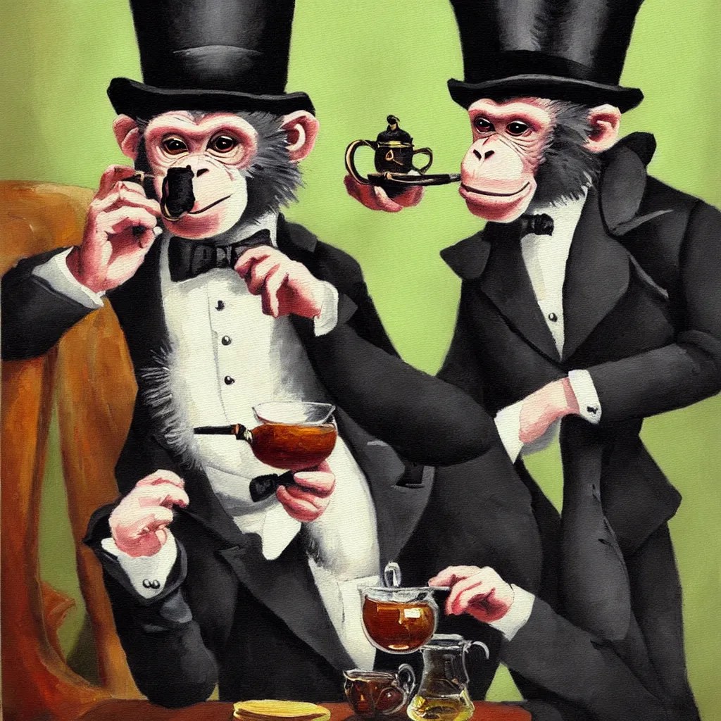 a monkey wearing a monocle and a top hat drinking tea, Stable Diffusion