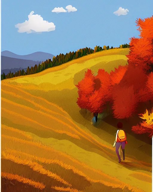 autumn hillside boy hiking illustration detailed, by Stable Diffusion
