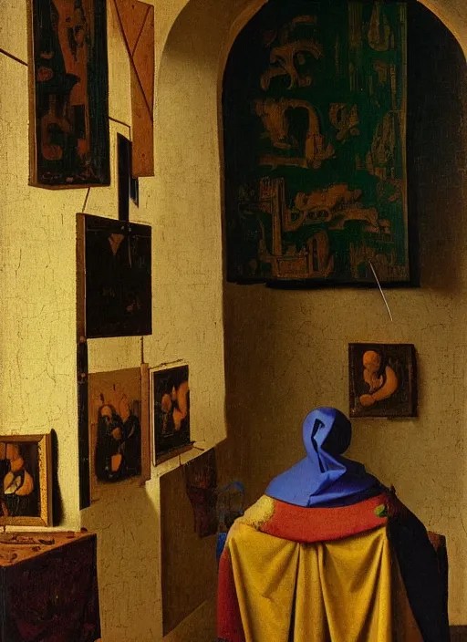 paints, brushes, medieval painting by jan van eyck, Stable Diffusion