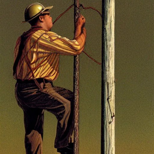 A lineman working on a utility pole with a wasp nest Stable Diffusion
