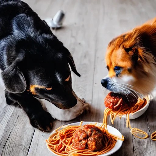 photo of two dogs eating spaghetti and meatballs, Stable Diffusion