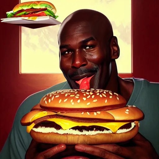 Michael Jordan dunking a big mac hamburger, eating Stable Diffusion