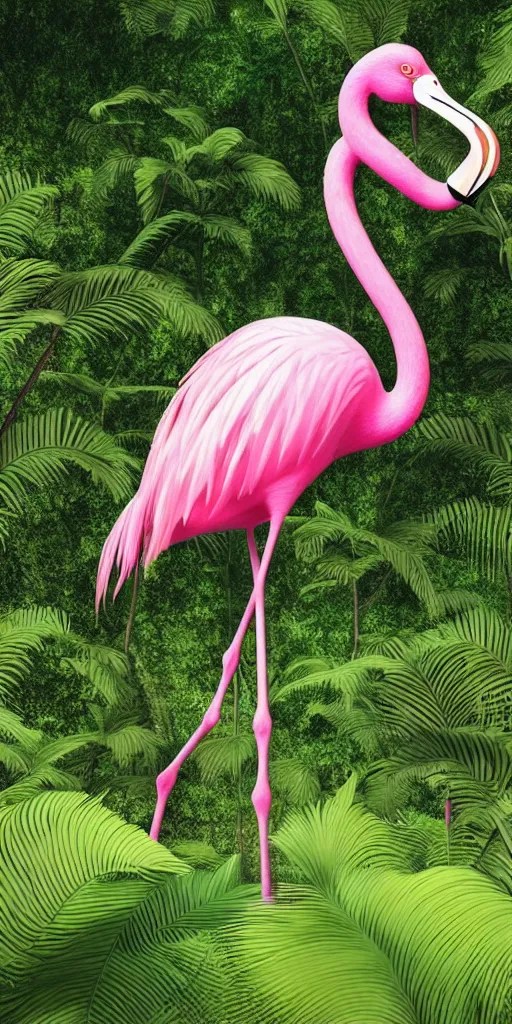 a pink flamingo standing in a lush jurassic landscape, Stable