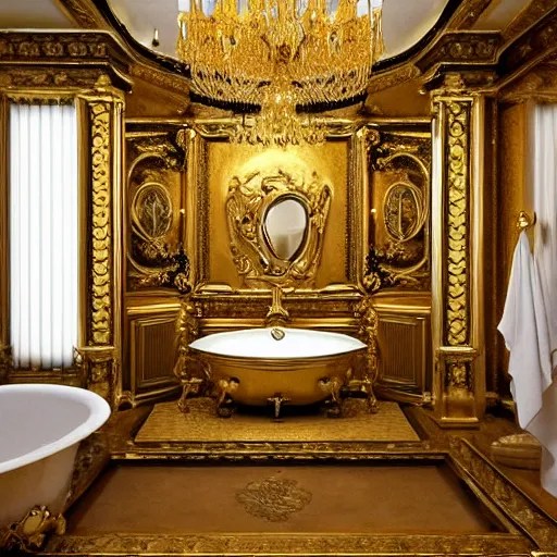 baroque bathroom with gold toilet Stable Diffusion