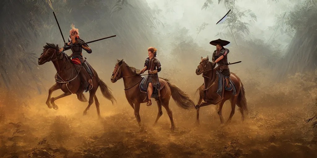 ninja on horseback riding through a bamboo fortress, Stable Diffusion