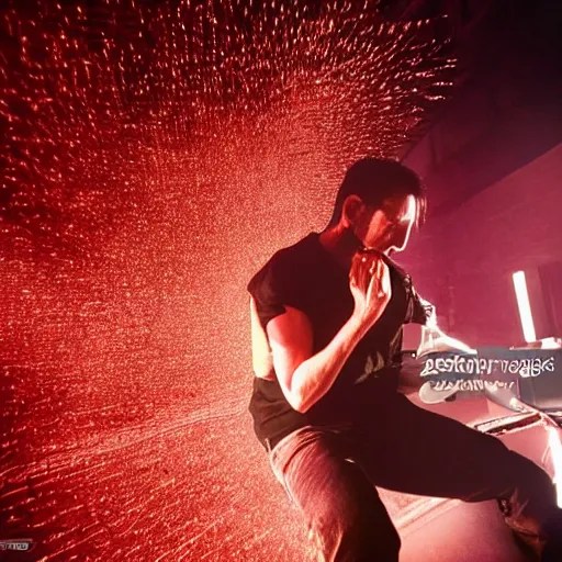 Trent Reznor smashing a guitar on a synthesizer, dust, Stable