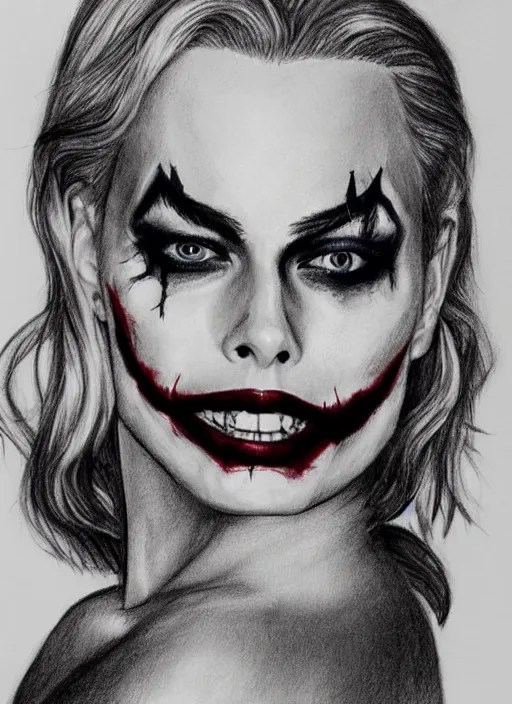 a drawing of margot robbie with joker makeup, ace Stable Diffusion