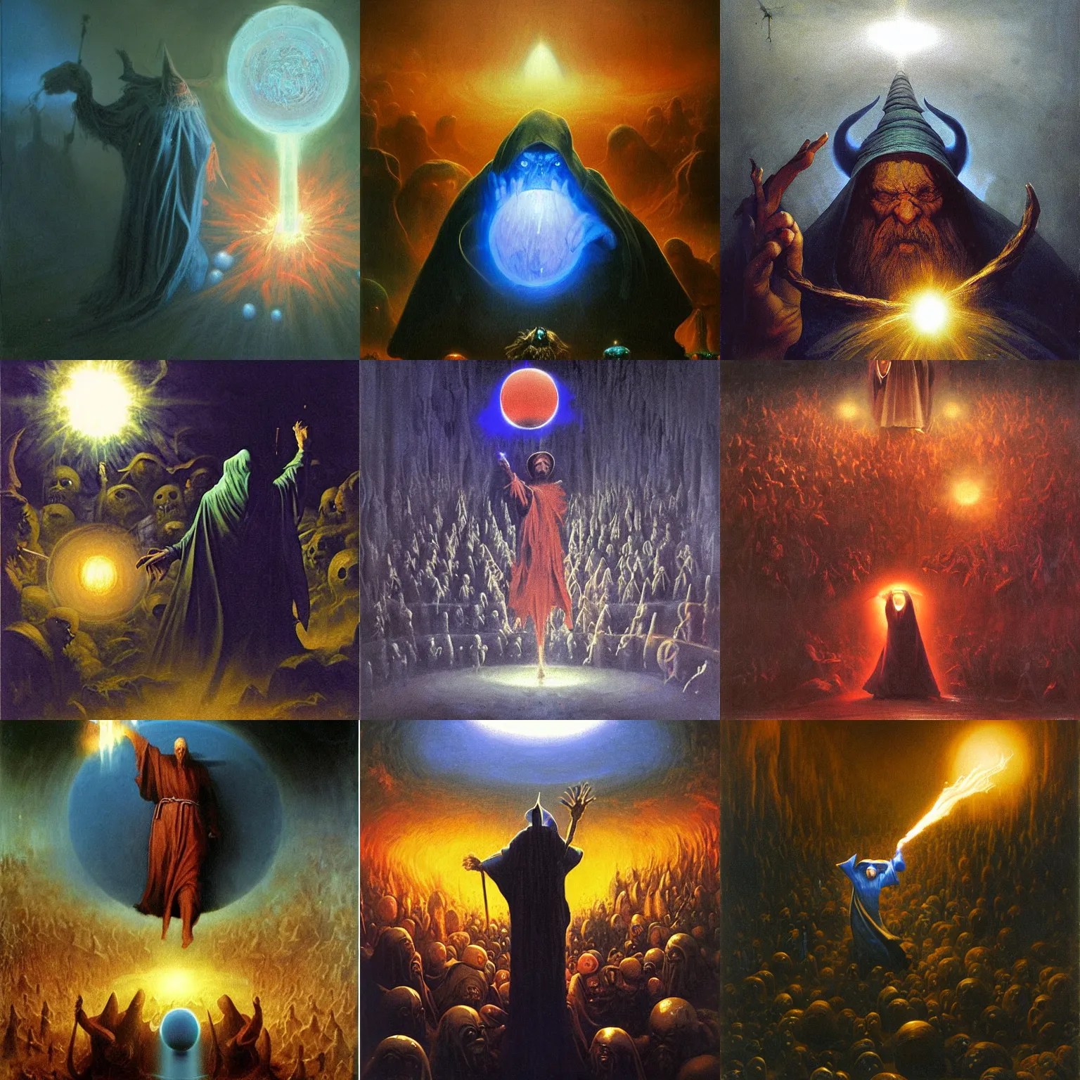 blue robes wizard with hat casting glowing orb spell Stable Diffusion