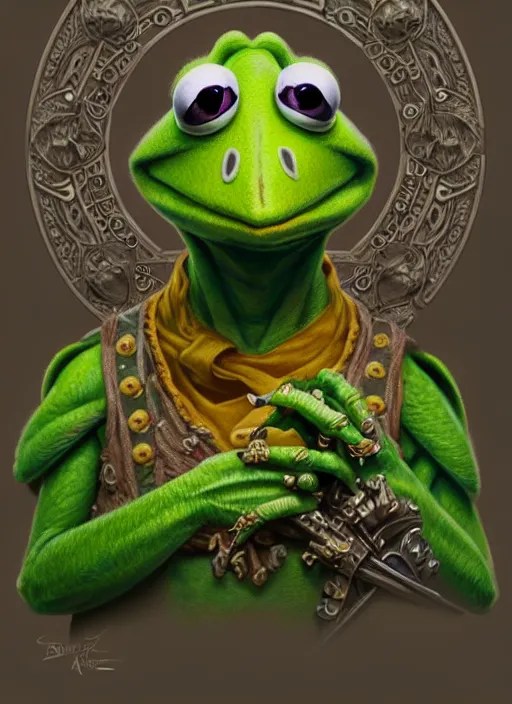 Portrait of Kermit the frog, D&D, fantasy, intricate, Stable