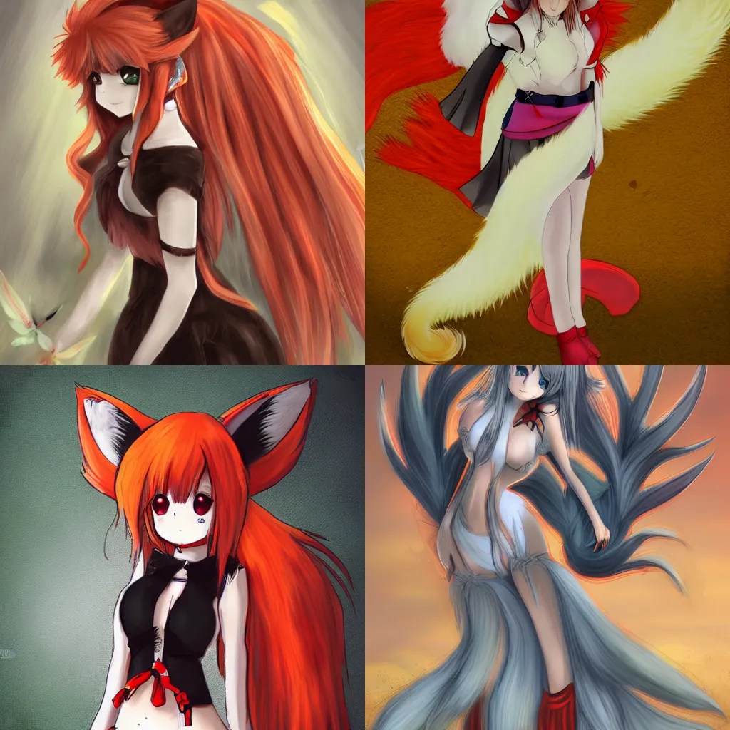 anime kitsune woman with a large fluffy tail by Stable Diffusion
