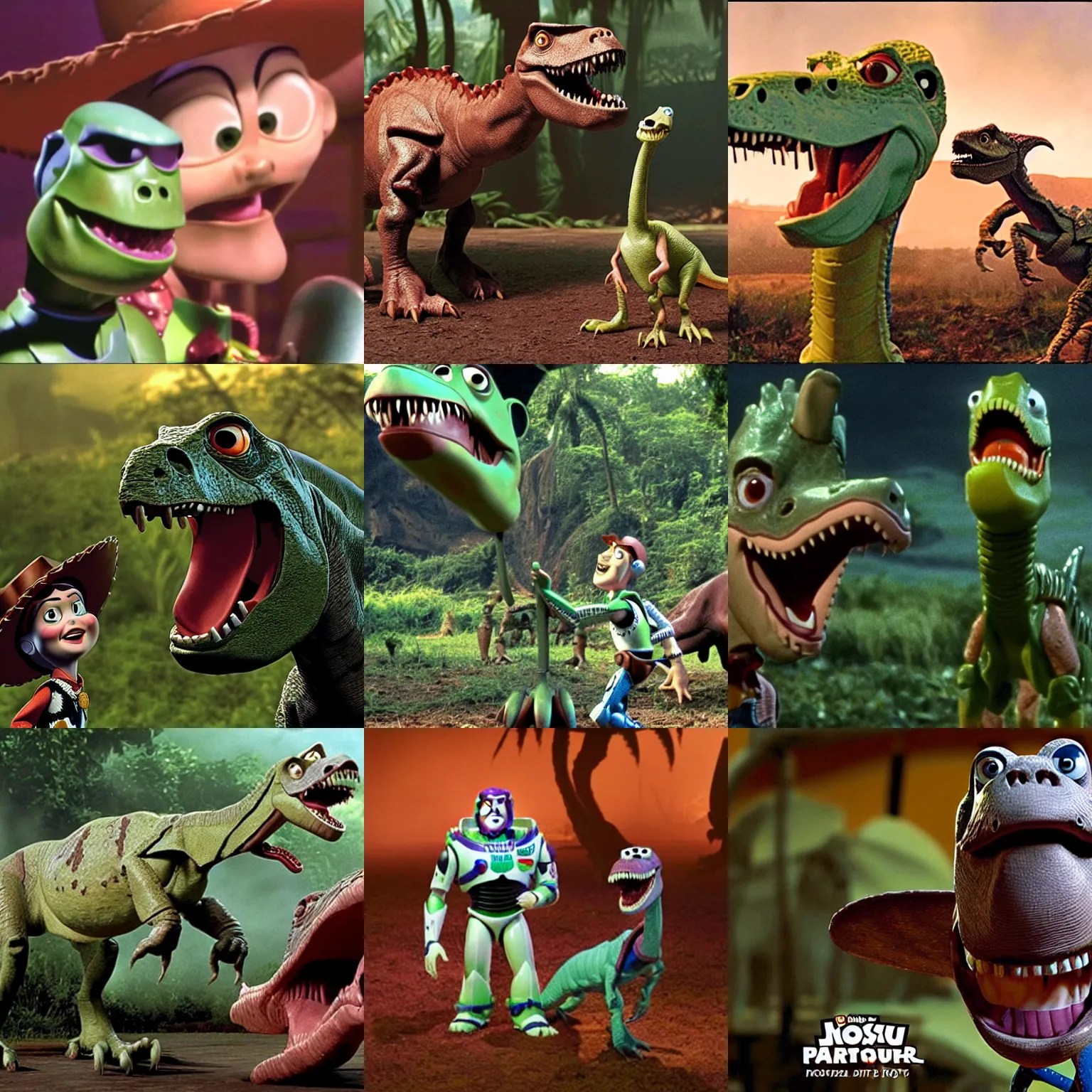 still of rex from toy story in Jurassic park, dark Stable Diffusion