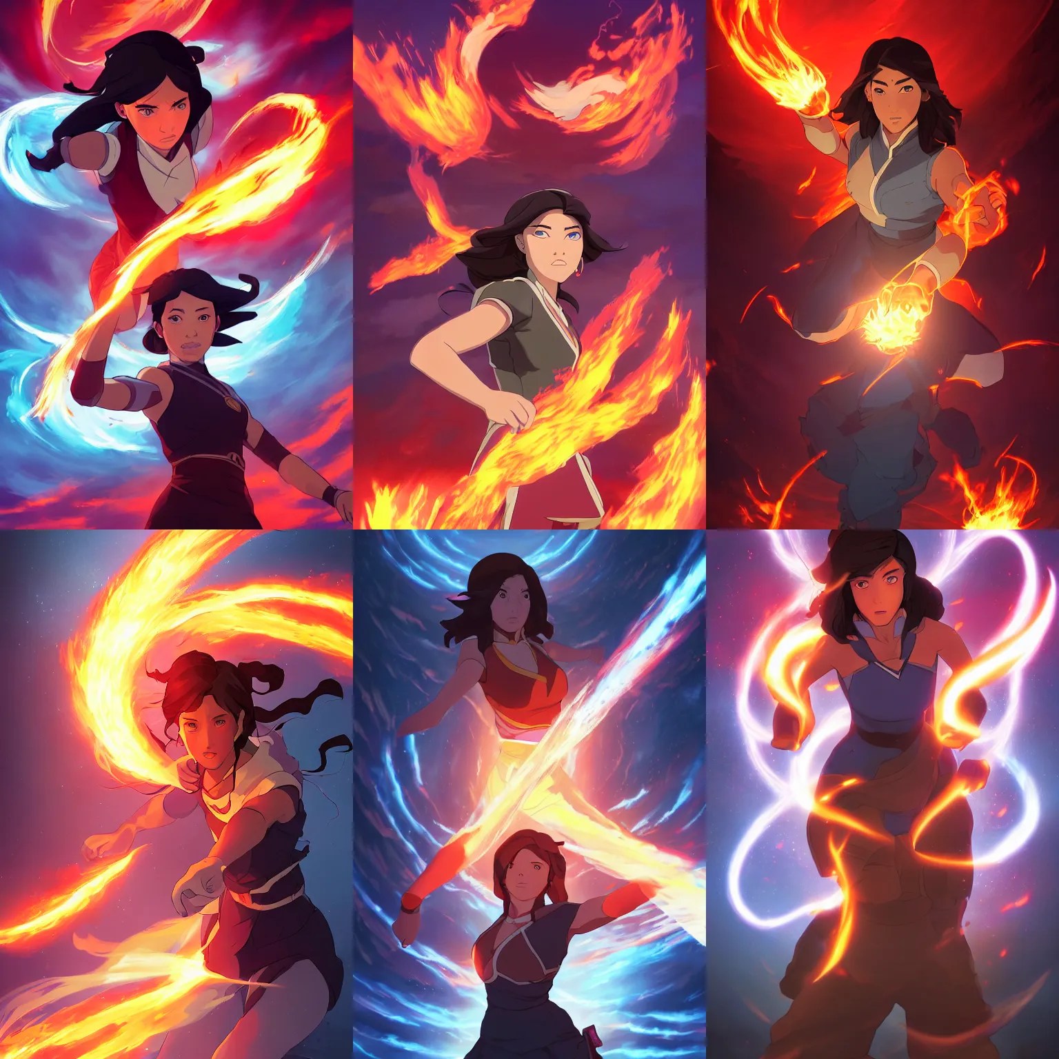 a portrait of Korra firebending, fireball lighting her Stable Diffusion OpenArt