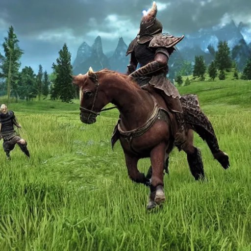 Dragonborn riding chonky horse through meadow in Skyrim Stable