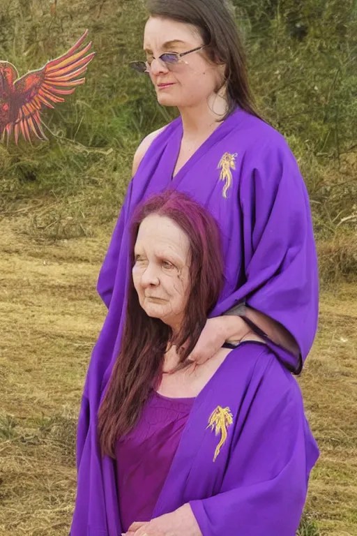 woman in purple robes with a phoenix on her shoulder, Stable