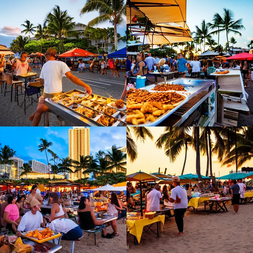 Hawaiian street food on Waikiki Beach, golden hour Stable Diffusion