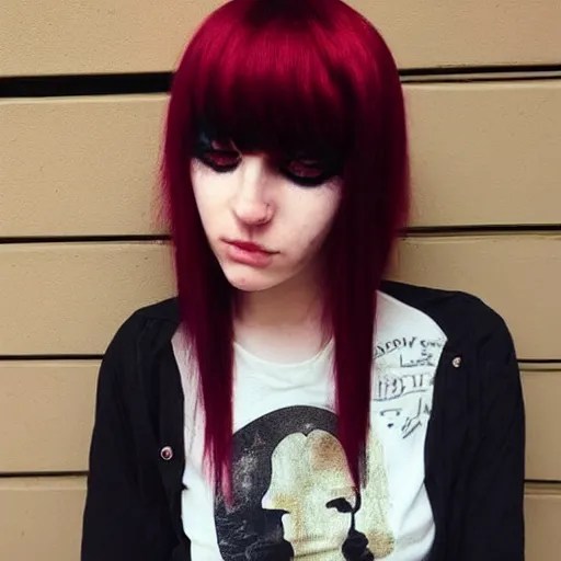 a pale emo girl with messy black and red hair, a dyed Stable Diffusion