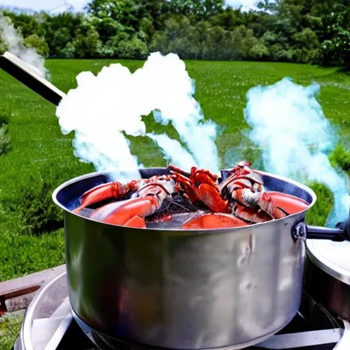 crabs boiling in pot on propane burner, lots of steam Stable