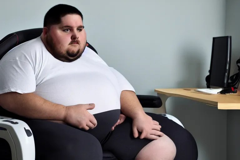 an obese man on a gamer chair, photo, 8K Stable Diffusion