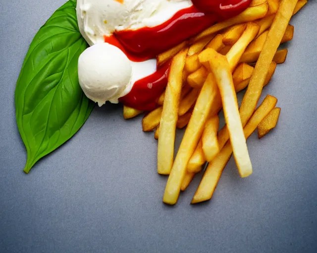 dslr food photograph of vanilla ice cream with ketchup Stable