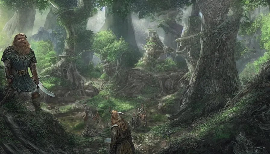 the dwarf gimli and the elf legolas in lothlorien, Stable Diffusion