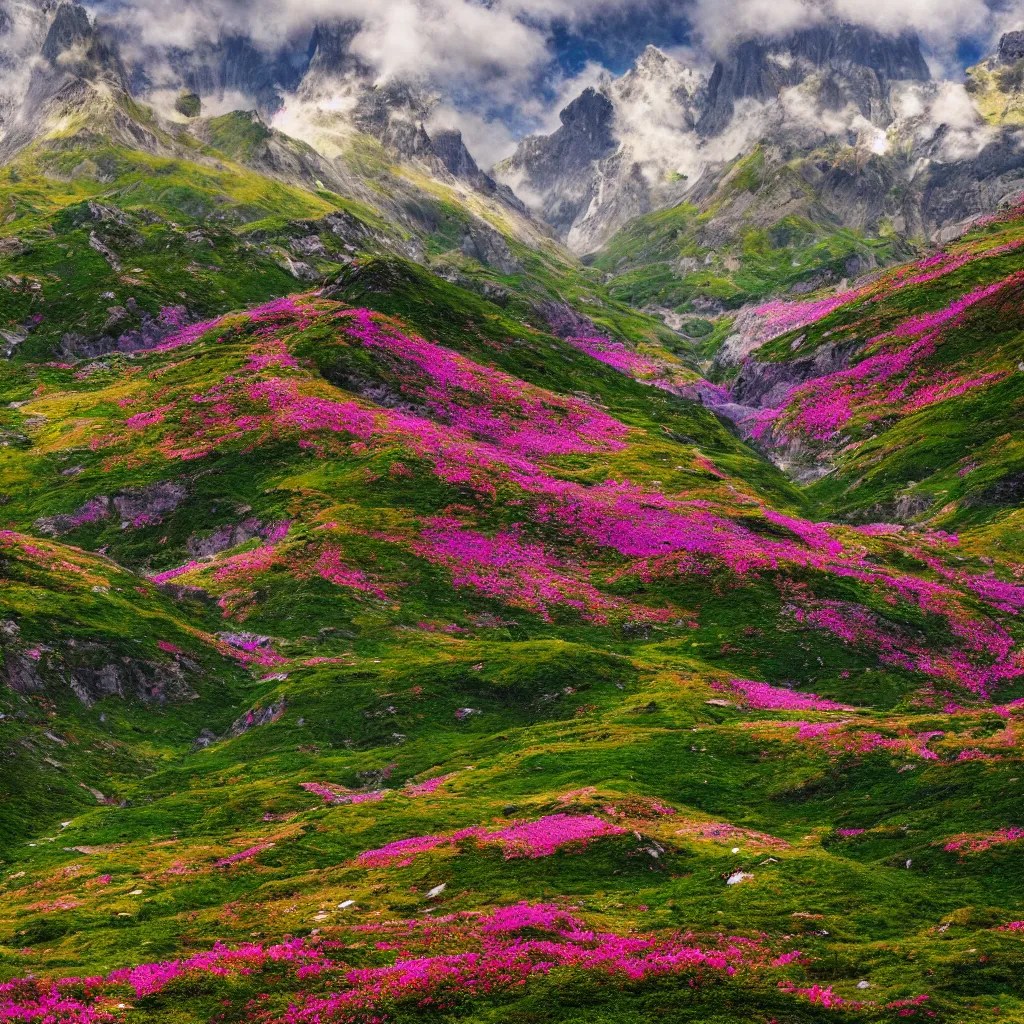 valley of flowers with high and small monoliths, Stable Diffusion