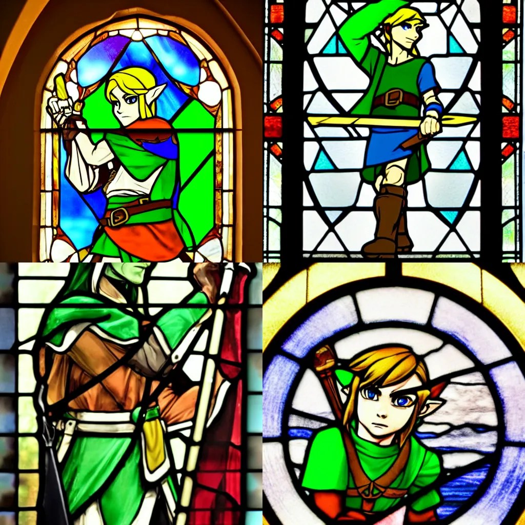 Stained Glass window depiction of Link from Zelda Stable Diffusion