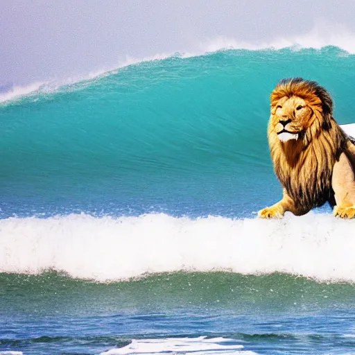 A lion on a surfboard riding a wave in the ocean, Stable Diffusion