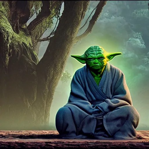 yoda meditating on a shaolin temple, movie still, 4k, Stable