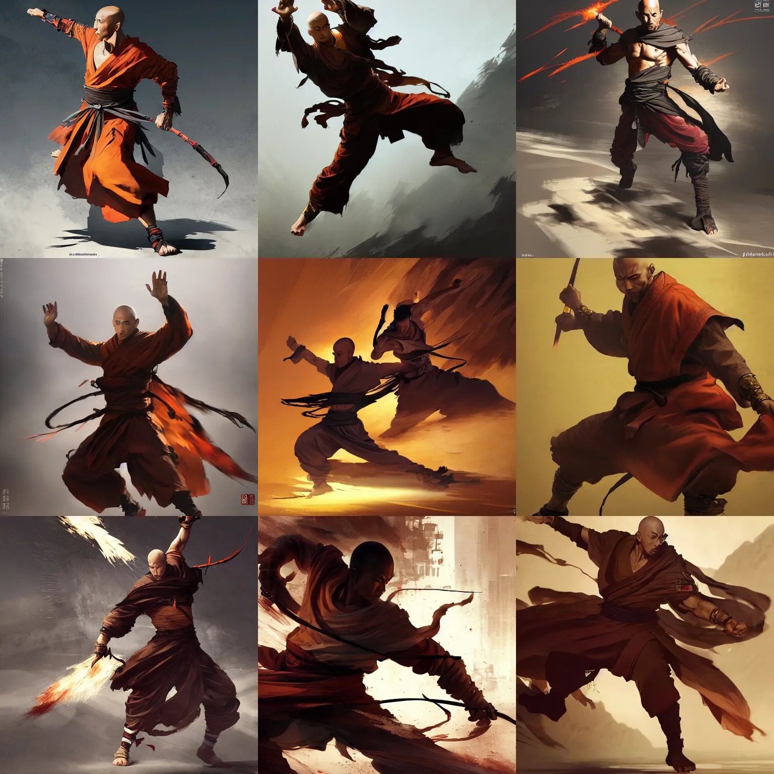 Epic action scene, Concept art of a monk earthbending, Stable