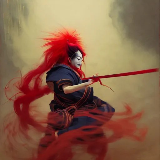 an insane kabuki warrior wielding a spear while Stable Diffusion