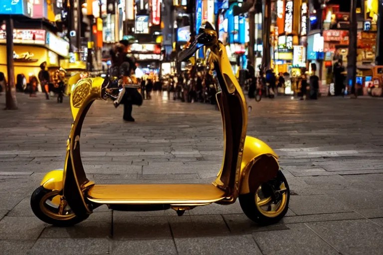 a scooter made of gold in the streets of Tokio at night Stable
