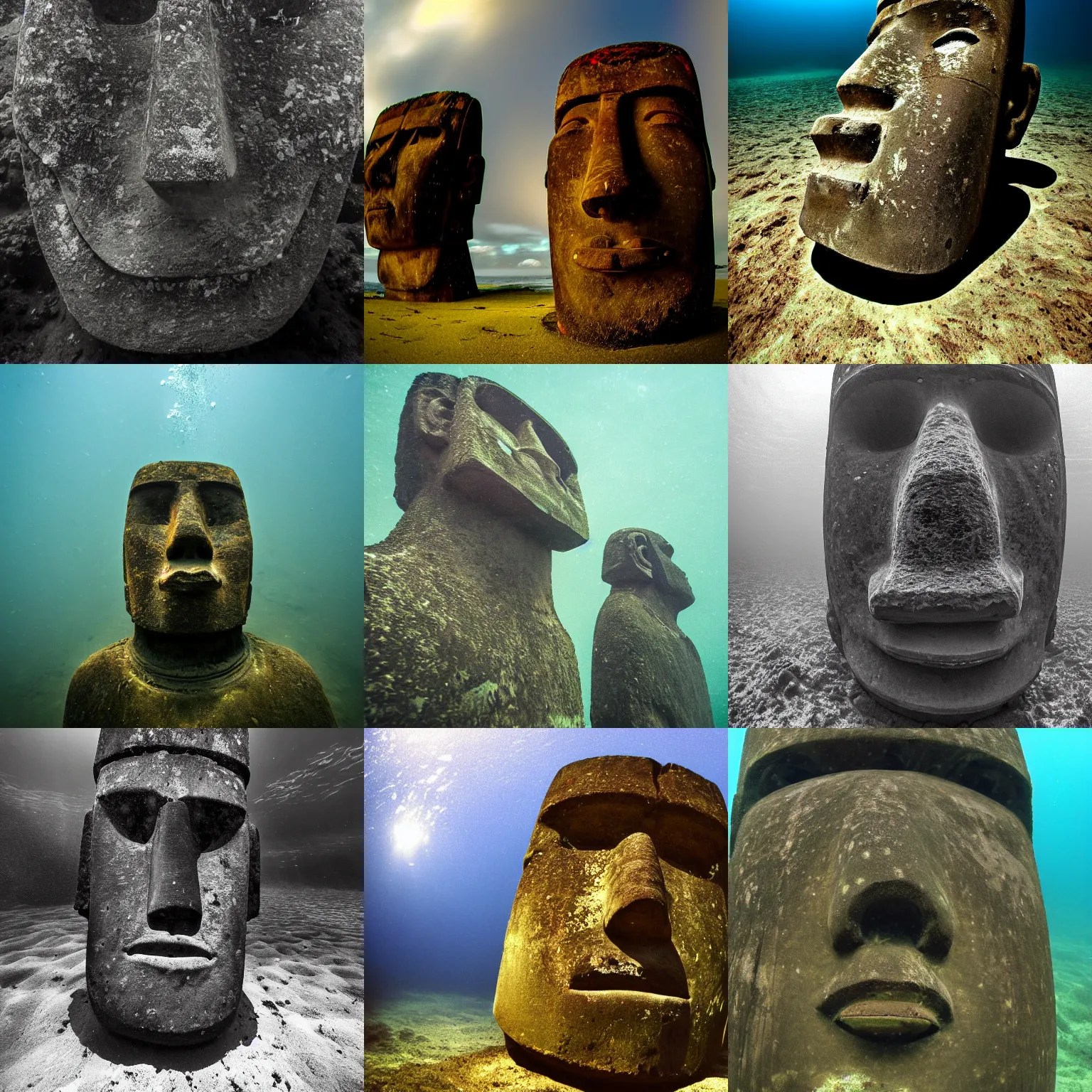 a sad moai underwater, award winning photo, high Stable Diffusion