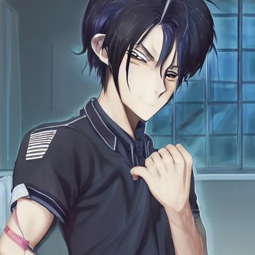 aloof anime man with black emo hair wearing jean Stable Diffusion