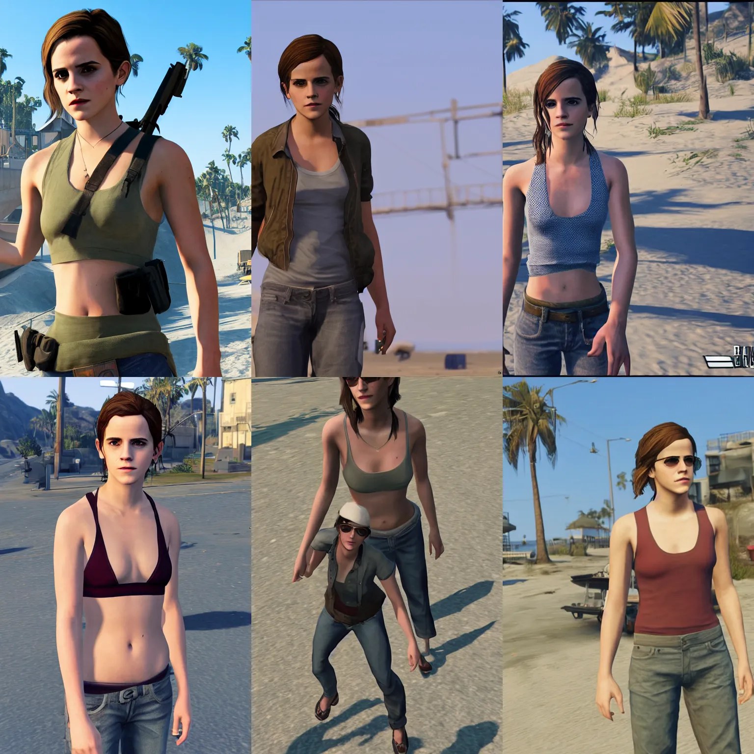 Emma Watson as a GTA V NPC in the beach, in game Stable Diffusion