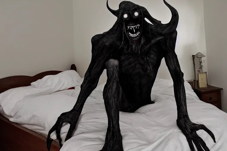 sleep paralysis demon at night, horror, on bed, scary, Stable Diffusion