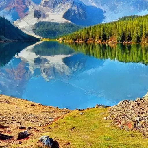 a beautiful lake, mirror like reflection of a snow Stable Diffusion